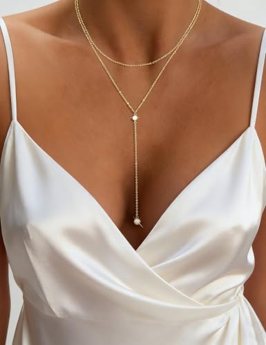 iF YOU Lariat Gold Long Necklaces for Women Trendy, Dainty 14K Gold Plated Drop Chain Necklace, Layered Rosary Beaded Y Necklaces Summer Beach Jewelry Gifts - color: Bead CZ layered necklace-GLD