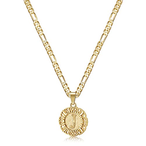 KissYan Initial Necklaces for Women, 14K Gold Plated Round Letter Pendant Capital Monogram Necklace Alphabets from A-Z Figaro Chain Jewelry - color: Gold, style: J