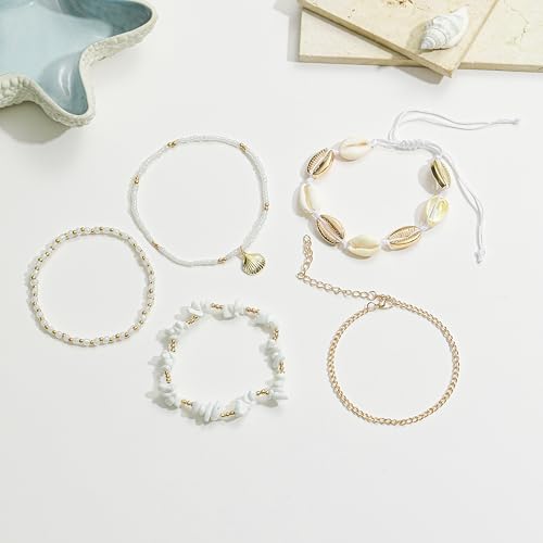 Shell Ankle Bracelets Set for Women Boho Bead Anklets Hawaiian Summer Beach Seashell Pearl Disc Puka Cowrie Conch Foot Chain Jewelry Gifts Gold Tone Adjustable - style: Shell