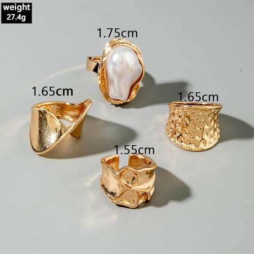 Chunky Gold Irregular Rings Stack Set for Women Statement Baroque Pearl Flower Stackable Knuckle Finger Ring Non Tarnish Boho Hammered Jewelry Gifts - color: Gold