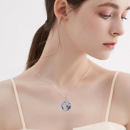 POPLYKE Mothers Day Gifts for Mom Her Wife Tree of Life Necklace 925 Sterling Silver Birthstone Pendant with Crystal Anniversary Birthday Wedding Jewelry for Women - color: 02-Feb-Amethyst, style: White Gold Plated-Blue Crystal