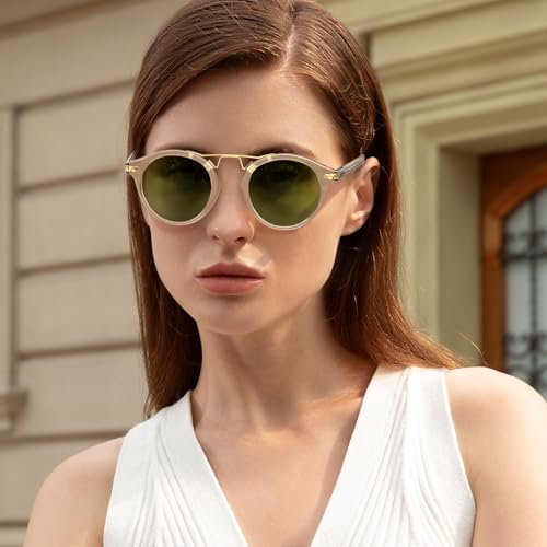 CARFIA Double Bridge Small Acetate Sunglasses for Women Polarized, Retro Metal Brow Ladies Sunnies Fashion Round Eyewears - color: 1. Clear Yellow Frame Green Lens