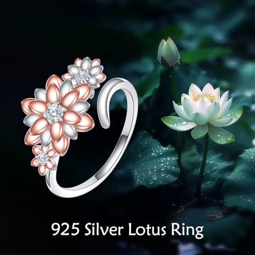 VONALA Lotus Open Ring S925 Sterling Silver Adjustable Wrap Ring Jewelry Gifts for Women
