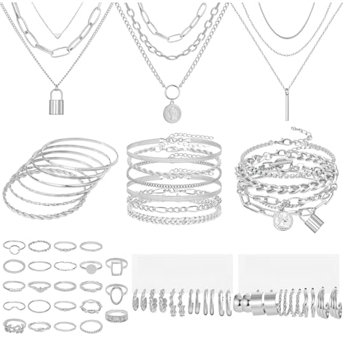 NEWITIN 44 Pieces Chunky Gold Jewelry Set for Women Fashion Costume Jewelry Gold Plated Chunky Necklace Chain Bracelet Ring Hoop Earrings Set for Women - color: Silver B