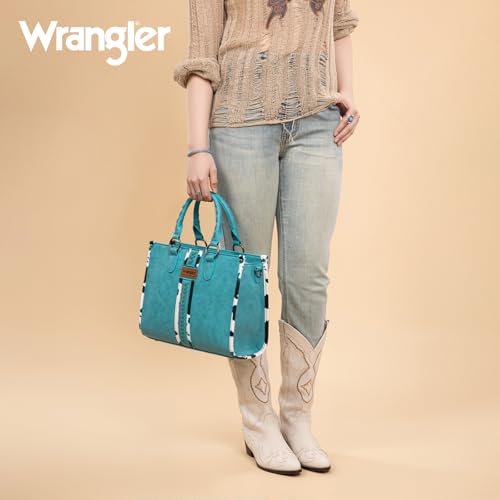 Montana West Wrangler Animal Print Tote Bag for Women Western Purse Boho Top Handle Satchel Handbag - color: Cow Turquoise