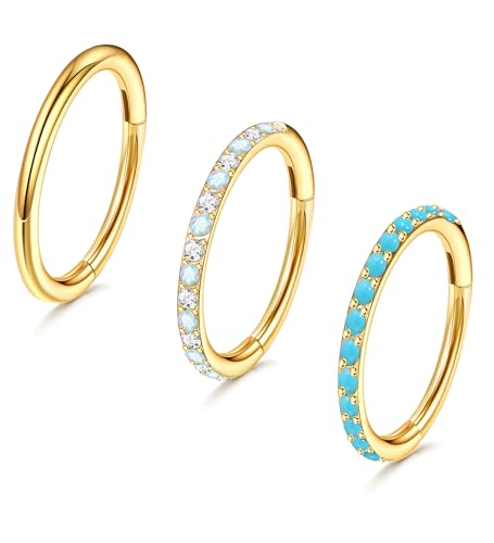 3pcs Nose Rings Hoops - 316L Surgical Steel Nose Hoops 16G/18G/20G CZ Opal Turquoise Clicker Septum Nose Ring Lip Helix Cartilage Hoop Earring Daith Rook Conch Body Piercing Jewelry for Women Men 6mm 8mm 10mm - color: Gold, size: 18 gauge(1.0mm)-10mm