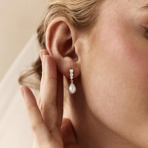 Pearl Earrings for Women, 14k Gold Plated Trendy Diamond Pearl Drop Earrings Hypoallergenic Dainty Bridal Gifts Wedding jewelry for Women - color: A - Gold