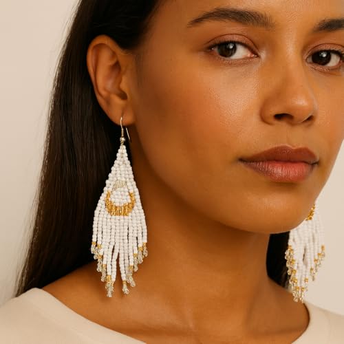 Bohemian Beaded Long Tassel Dangle Earrings for Women, Handmade Jewelry White Tarnish Resistant Lightweight Design, Stylish Accessory for Beach Vacation Party and Gift - color: white-02