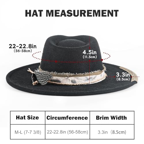Womens Boho Fedora Hat Wide Brim Fedora Mens Handmade Flat Brim Hats - color: 2black