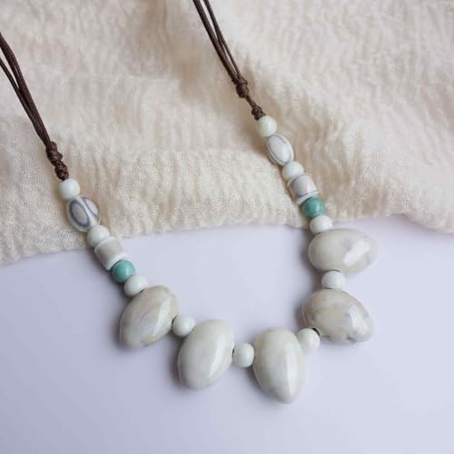 Boho Round Colorful Ceramic Beaded Necklace, Adjustable Hippie Statement Necklace, Handmade Ethnic Jewelry Gift for Women - color: White