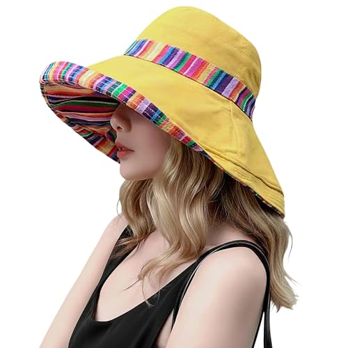 Wide Brim Sun Hat for Women Reversible Beach Hats Metal Wired Edge Gardening Hats, UPF 50+ Bucket Summer Hat - color: Yellow Boho-style