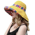 Wide Brim Sun Hat for Women Reversible Beach Hats Metal Wired Edge Gardening Hats, UPF 50+ Bucket Summer Hat - color: Yellow Boho-style