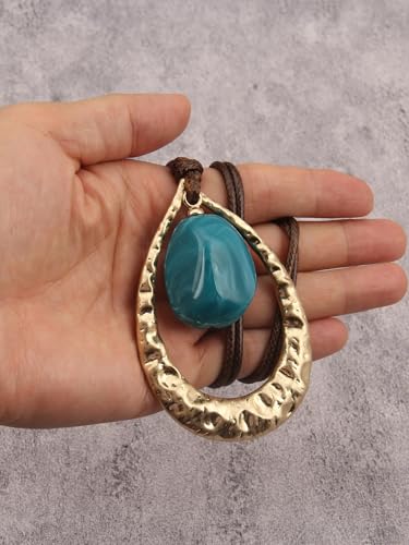 GelConnie Leather Necklace for Women Round Wooden Pendant Long Leather Choker Vintage Sweater Necklace Gold Chunky Boho Necklaces for Women - style: Blue Stone Leather Necklace