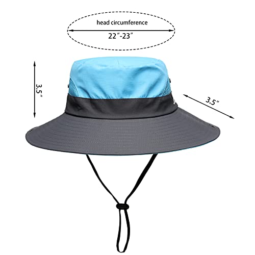 Womens Summer Sun Hat Beach Hat Wide Brim Outdoor UV Protection Hat Foldable Cool Mesh Ponytail Bucket Hat - color: Sky Blue-gray