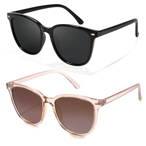 Myiaur Polarized Sunglasses for Women, Trendy Square Shades with UV400 Protection Sun Glasses for Daily (2 Pack) - color: A09 Black+tp Brown/ Tea