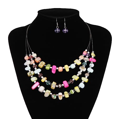 3 Layered Chunky Statement Necklace for Women Beaded Strand Necklaces with Earring Fashion Costumes Collar Necklace Jewelry Sets Gifts for Women - color: 50-Light colorful