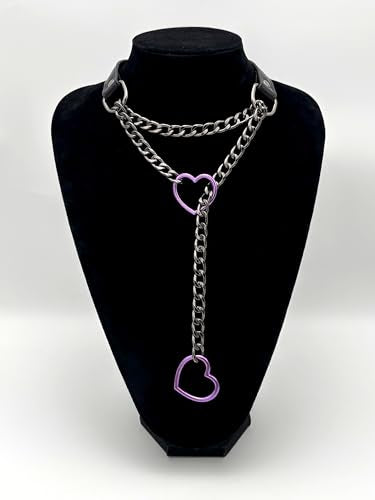 Black Leather Choker Collar For Women, Handmade Heart Slip Chain Choker Long Necklace with Adjustable Buckle - color: B-Black-Black-Purple, size: 18''chain