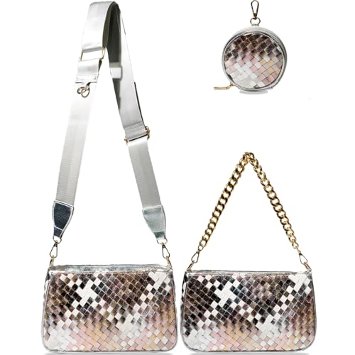 Handmade Woven Small Crossbody Bag for Women with Coin Purse, Designer Shoulder Handbag 3pcs Set, Mini Tote Clutch - color: Silver Multicolor