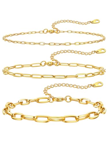 ChainsHouse Ankle Bracelets for Women, Stainless Steel Chain Anklets Waterproof, Women Summer Beach Jewelry Gift, Come with Box - color: 03. 3Pcs-(2+3+6mm)-Paperclip-14K Gold