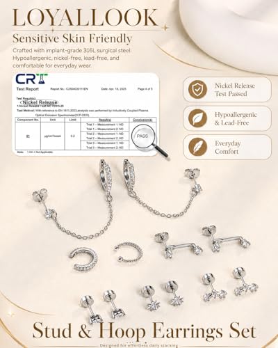 LOYALLOOK Hypoallergenic Flat Back Stud Hoop Earrings for Women, 14K Gold Plated Surgical Steel Earring Stacks Set for Sensitive Ears, Dainty Dangle Chain Silver Cartilage Earring Trendy Piercing Jewelry - color: Silver-cuff