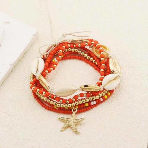 Shell Anklets Bracelet for Women Waterproof Surfer Starfish Bracelet Puka Shell Anklet Colorful Boho Stack Stretch Bead Bracelet Set Hawaii Summer Beach Vacation Foot Jewelry - color: Orange