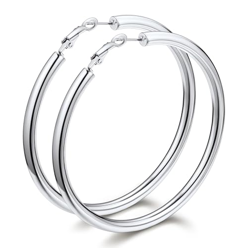 Bestyle 5mm Thick Gold Hoop Earrings Hypoallergenic Hoops for Sensitive Ears Trendy Lightweight Chunky Earrings for Women 30/40/60/80mm - color: 01-Silver, size: 80mm