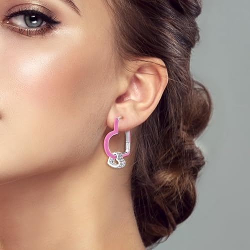 Parmuz 925 Sterling Silver Earrings Hoops for Women Ladies Simple Lightweight Twisted Medium Hoop Earrings With Cubic Zirconia Hypoallergenic Jewelry for Her - color: Pink double heart earring