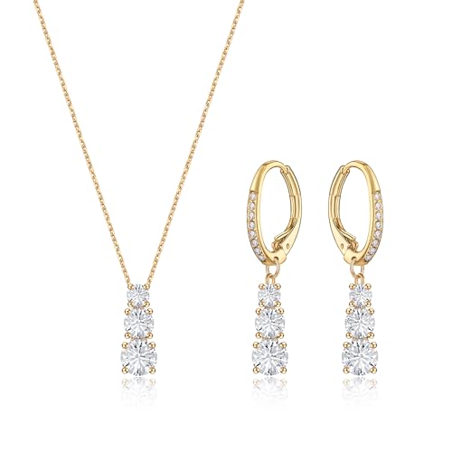 Crysdue Cubic Zirconia Jewelry Set for Women Bridesmaid, Classic Round Cut Drop Lightweight Lever Back Earrings Pendant Necklace Tennis Bracelet for Wedding Prom Party - style: 2pcs Gold