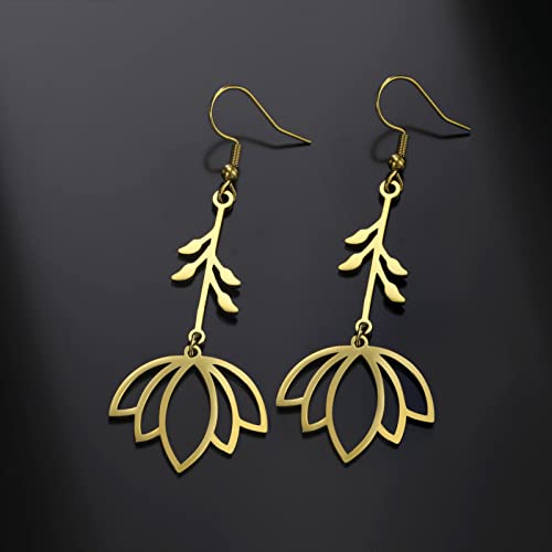 TEAMER Stainless Steel Lotus Flower Dangle Earrings Bohemian Drop Earring Unique Geometric Jewelry for Women - color: Lotus 1-Gold