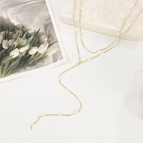 HERIER Lariat Gold Necklace for Women, Dainty Long Necklace 14k Gold Plated/Silver Y-Shaped Layered Beaded Chain Drop Necklaces for Women Trendy Simple Gold Jewelry for Women Gifts - color: Y Layered Pearl Jewelry-Gold