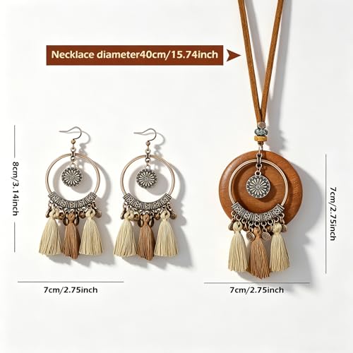 Wooden Leather Necklaces Set Bohemian Wood Stack Discs Long Chain Hemp Rope Bronze Plated Pendant Ethnic Tribal Fall Leaf Earrings Jewelry Statement Necklace - color: R-041