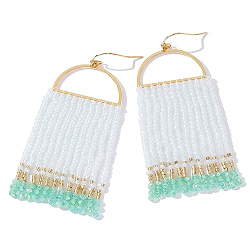 Bohemia Beaded Dangle Earrings - Handmade Seed Bead Earrings, Statement Beaded Tassel Earrings for Women - color: MINT GREEN