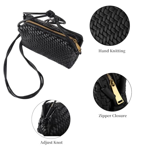 Woven Crossbody Bags for Women Handwoven Purses Vegan Leather Small Handbag Handmade Shoulderbag | Lightweight - color: Black