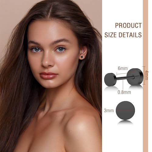 ZDE Women Earrings Flat Back Dot Earrings Titanium Hypoallergenic Cartilage Non-Nickel Earrings Studs for Sensitive Ears Simple Classic 3mm/4mm/5mm/6mm Screw On Stud Earring - color: Black, size: 3MM