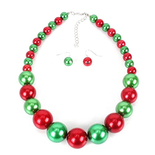 Fuqimanman2020 Chunky Large Simulated Pearl Choker Necklace Drop Dangle Earrings Crystal Bib Big Round Beaded Strand Multicolor Costume Statement Wedding Jewelry Set for Women Brides - color: Christmas Set