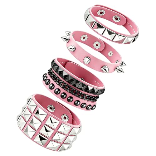 Handmade Black Leather Wrap Studded Bracelets for Women Men, 4Pcs Vintage Punk Wrist Cuff Bangle Wristband Emo Jewelry Gifts - style: Pink Square Stud Style