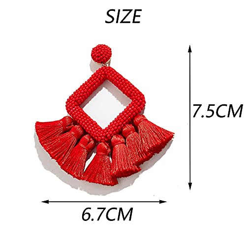 Long Tassel Earrings Statement Bohemian Pom Ball Handmade Drop Dangle Earrings for Women - style: S-Red