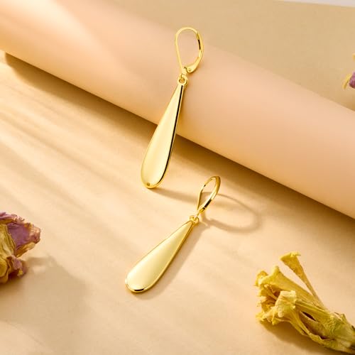Silver Long Teardrop Dangle Earrings for Women, 14K Gold Plated Hypoallergenic Drop Leverback Earrings, Trendy Long Teardrop Dangle Earings for Jewelry Gifts - color: A-14K Gold