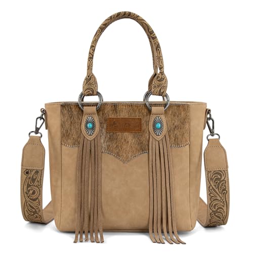 Montana West Western Cowhide Crossbody Bag for Women Designer Leather Tassel Top Handle Handbags - color: Beige