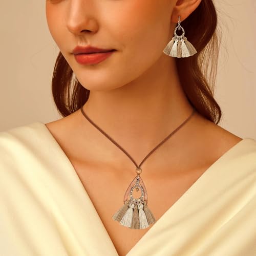 Wooden Leather Necklaces Set Bohemian Wood Stack Discs Long Chain Hemp Rope Bronze Plated Pendant Ethnic Tribal Fall Leaf Earrings Jewelry Statement Necklace - color: R-039