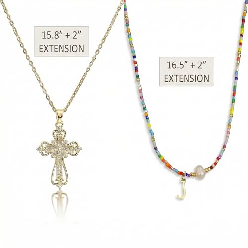 Colorful Pearl Beaded Initial Choker Necklaces for Women, Boho Handmade Personalized Seed Beads Letter Name Necklace Beach Surfer Bohemian Jewelry Gift - color: Cross J