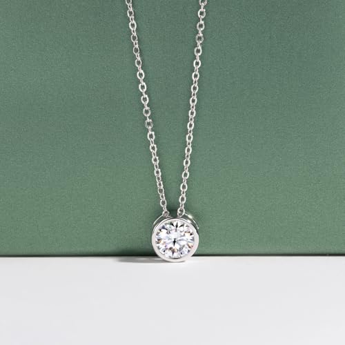 Moissanite 0.5-3ct Necklaces 18K White Gold Plated 925 Sterling Silver Bezel Set Round Cut D Color VVS1 Lab Created Diamond Solitaire Pendant Necklace for Women Men GRA Certified - style: Bezel Set Round Cut