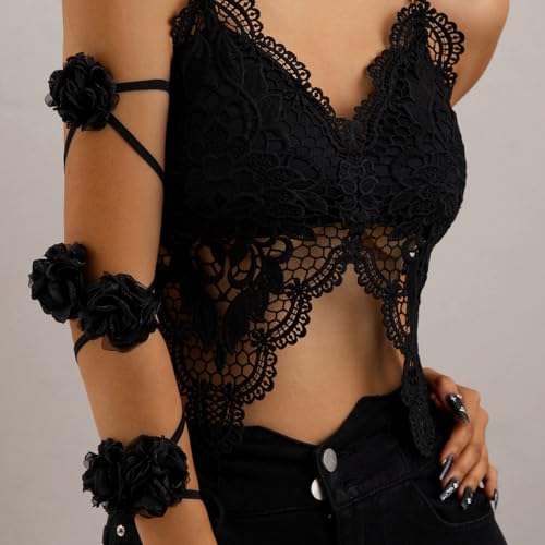 Dainty Black Upper Arm Cuff Bracelet for Women, Gothic Halloween Sexy Lace Harness Armlet Adjustable Upper Arm Chain Bangle Arm Band for Women - color: Black flower