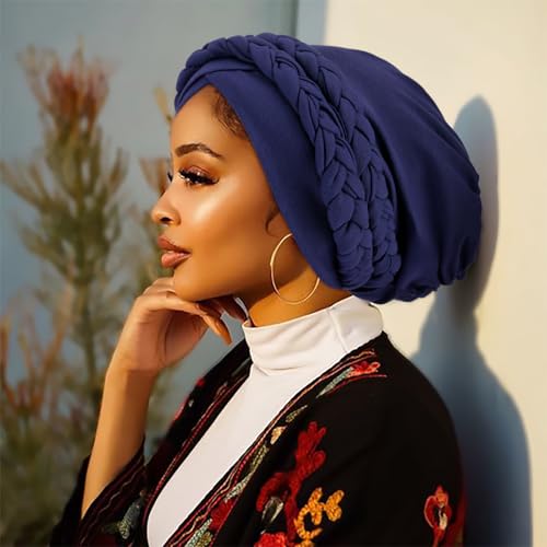 African Women Turban Caps Beanie Pre-Tied Twisted Braids Headwraps for Women Head Scarf Chemo Cancer Headwear Cap - color: 3 Pack Twisted Braid: Burgundy/Navy Blue/Black