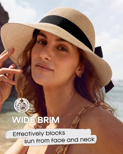 FURTALK Womens Beach Sun Straw Hat UV Protection Travel Packable Foldable Brim Summer UV Hat - color: Mixed Beige, size: Medium-Large