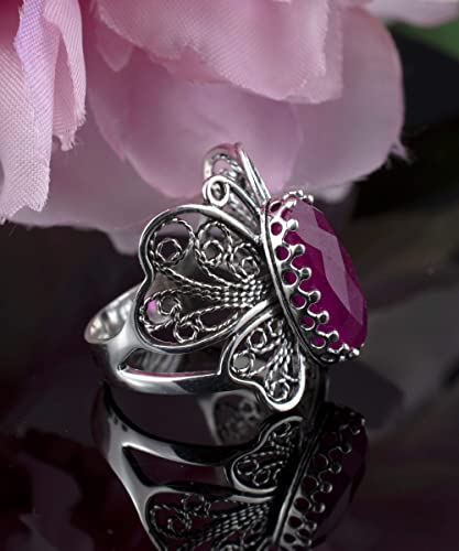 Filigranist Sterling Silver Filigree Art Butterfly Women Cocktail Ring with Gemstones - color: Ruby Corundum
