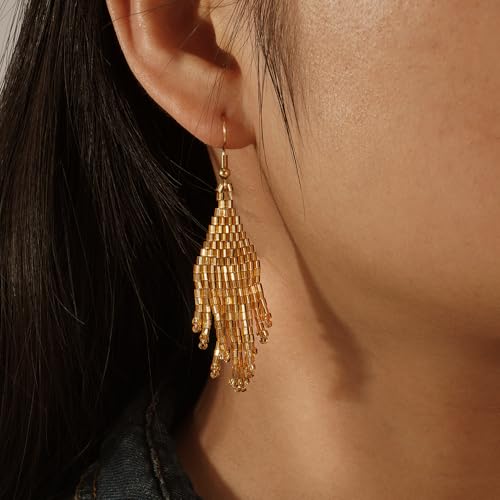 Bohemian Beaded Long Tassel Dangle Earrings for Women, Handmade Jewelry White Tarnish Resistant Lightweight Design, Stylish Accessory for Beach Vacation Party and Gift - color: Gold-2