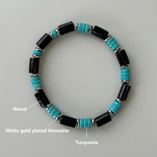 Turquoise Bracelet, Handmade Turquoise Beaded Wood Hematite Boho Bracelet, Western Jewelry for Women & Men