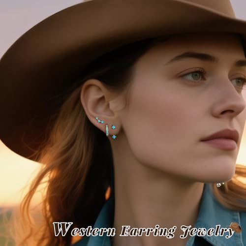 3 Pairs Dainty Small 4th of July Earrings for Women Trendy, Birthstone Stud Huggie Hoop Jacket Stack for Cartilage Helix, Gold Plated Hypoallergenic Cute Women Fashion Accessories Western Jewelry Gifts - color: Created Turquoise (Gold)