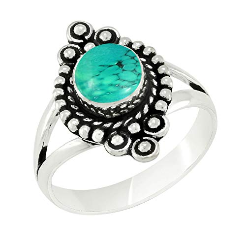 Round Shape Natural Gemstone Vintage Style Handmade Rings for Women - 925 Silver Overlay Handmade Birthstone Ring Jewelry Gift for Her Mom Wife Sister - color: Turquoise